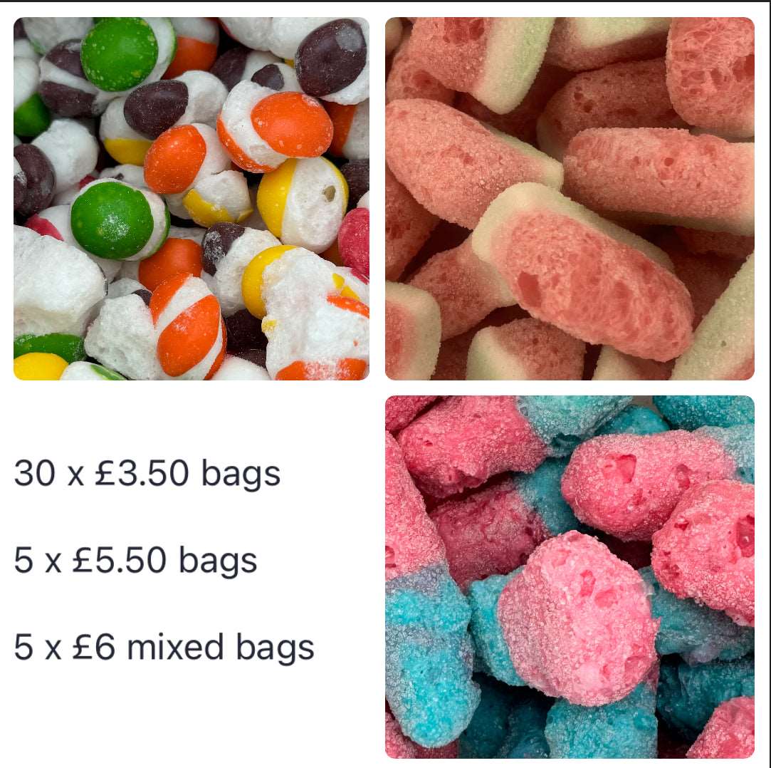 Freeze Dried Sweets Bulk Buy Wholesale Shop Starter Pack 40 bags includes Large Bags & Mix Bags!