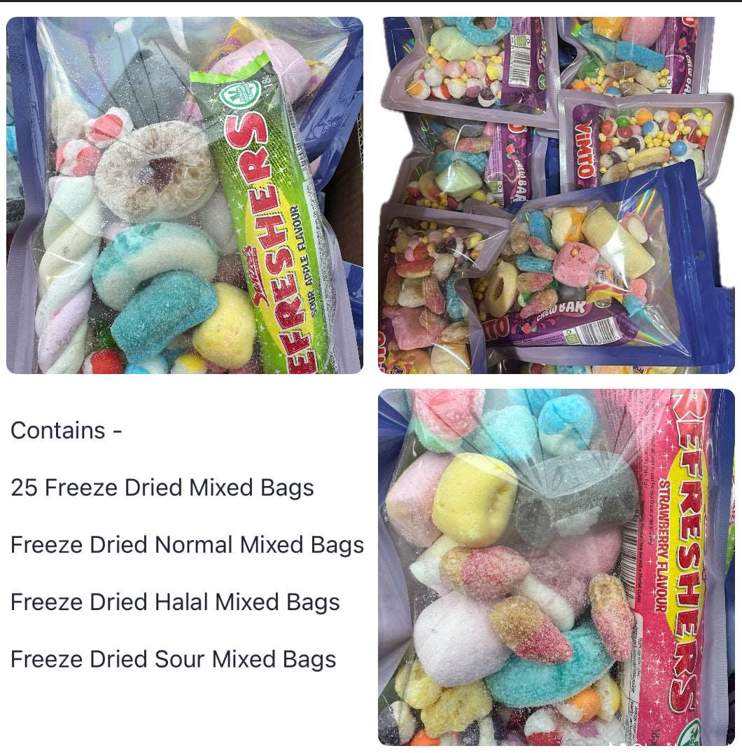 Freeze Dried Sweets Bulk Buy Wholesale Shop Starter Pack 25 Normal Halal, Sour Mix Bags