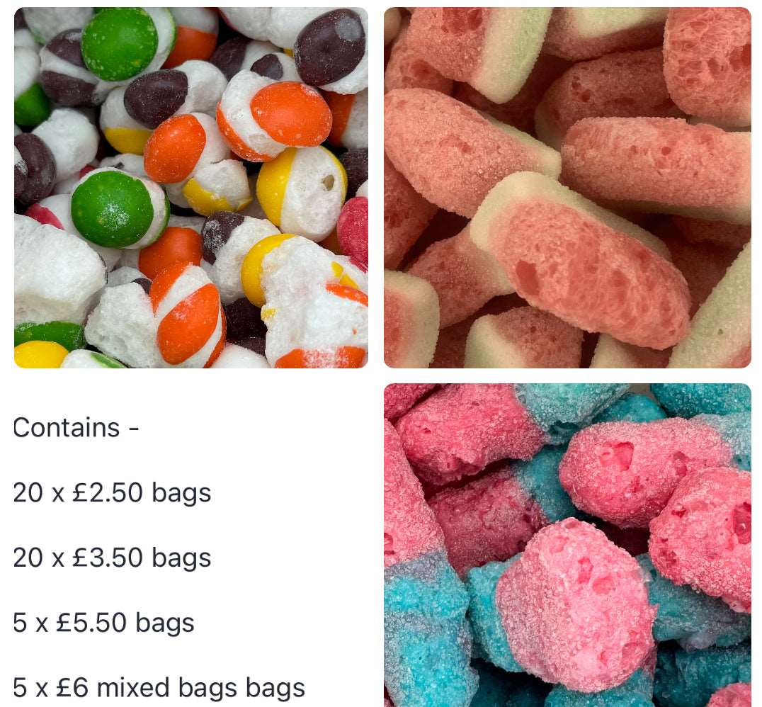 Freeze Dried Sweets Bulk Buy Wholesale Shop Starter Pack 50 bags includes Large Bags & Mix Bags!